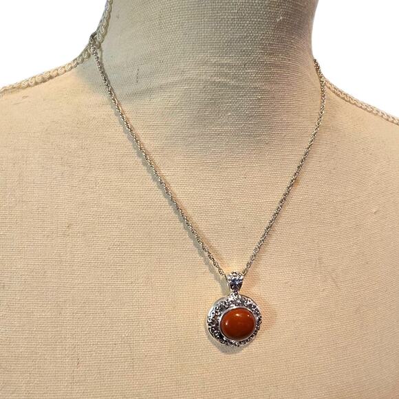 Orange Brown Pendant Necklace Silver Tone Rope Chain Ornate Thailand Jewelry - Picture 3 of 7